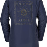 Volcom Jacket Liner - A navy blue jacket with a white and grey reversible design, featuring a skull graphic on the back.