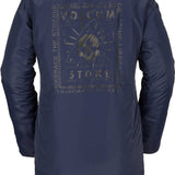 Volcom Jacket Liner - A navy blue jacket with a white and grey reversible design, featuring a skull graphic on the back.