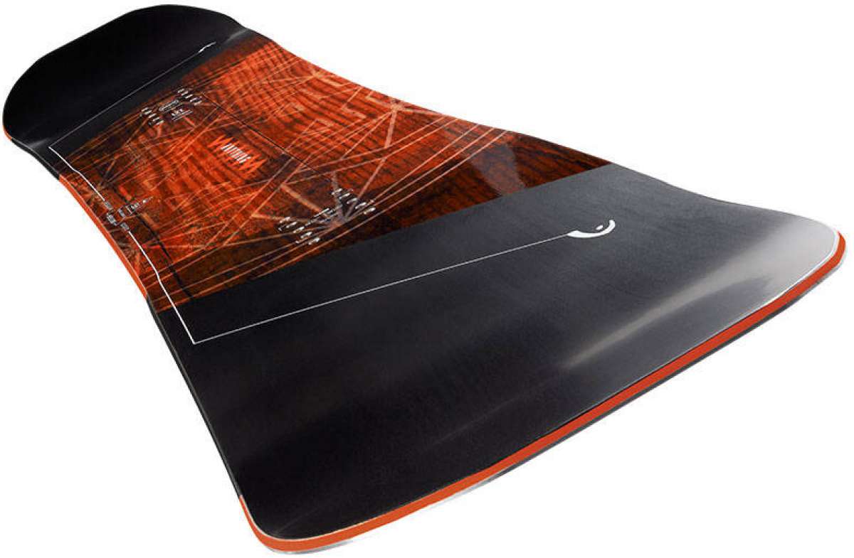 Head Anything Lyt Snowboard 2024 - A black snowboard with a red and white logo on top of a wood grain patterned background.