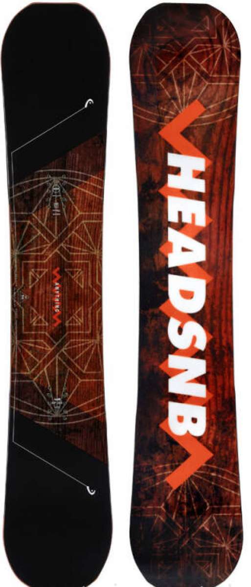 Head Anything Lyt Snowboard 2024 - A black snowboard with a geometric pattern and white lettering on top of a brown wood grain background.