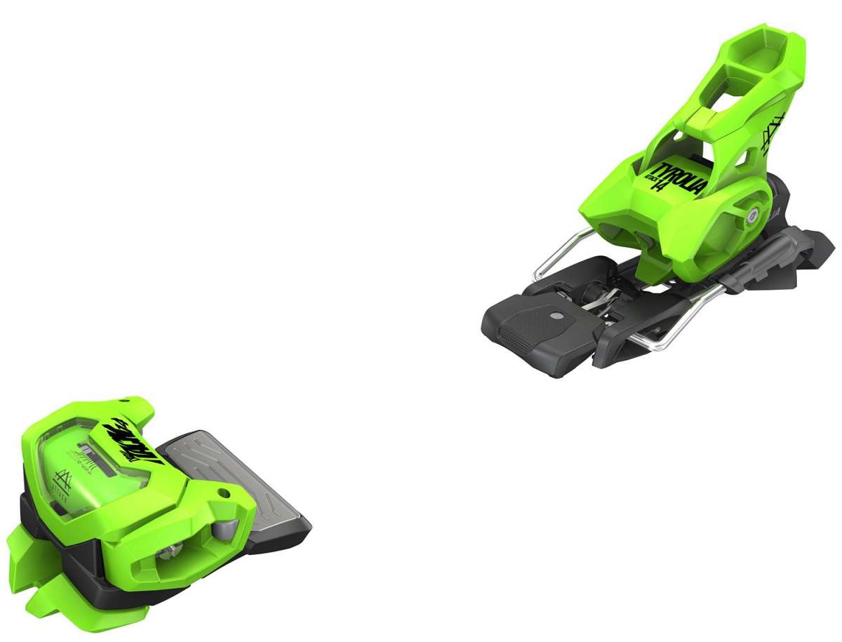 Tyrolia - Attack 14 Ski Binding 2023 is lime green with black hardware and a silver spring.