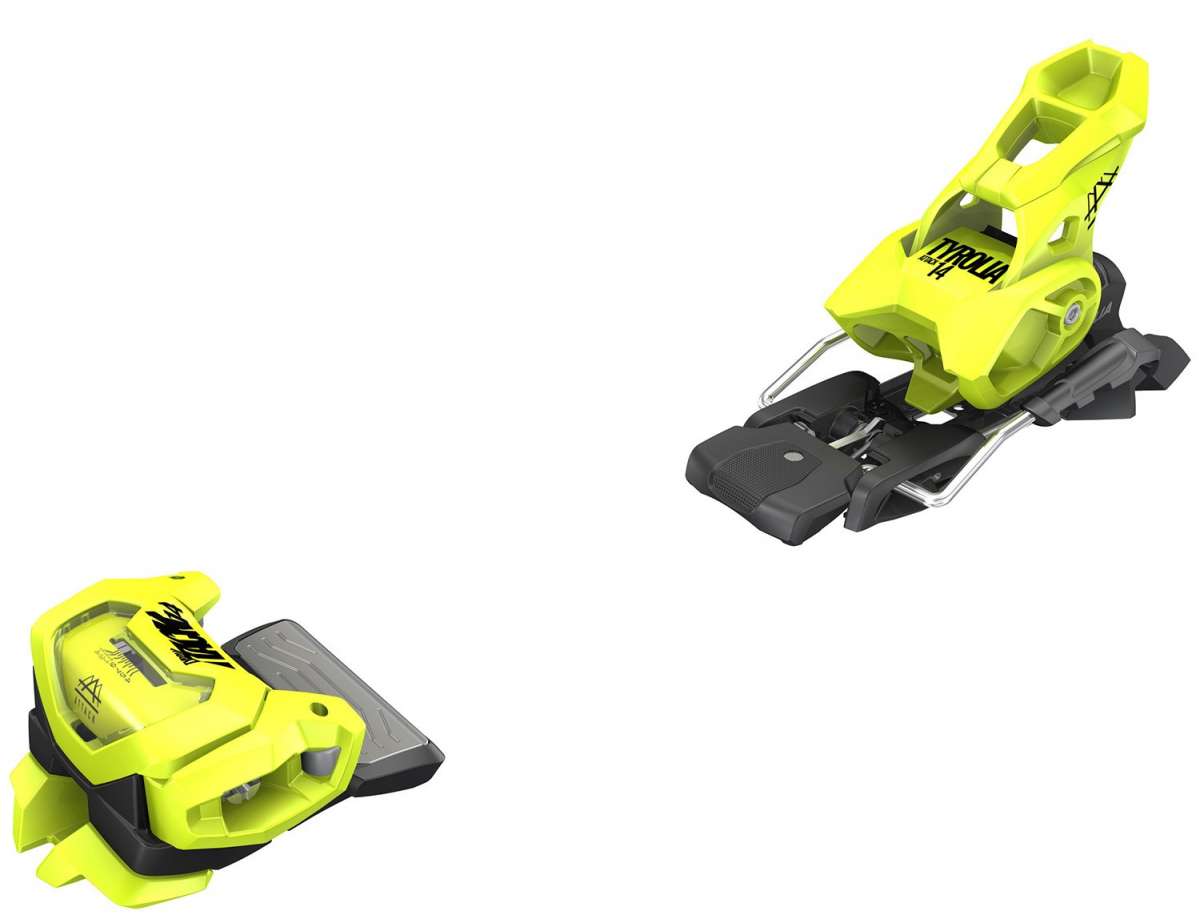 Tyrolia - Attack 14 Ski Binding 2023 is a black and yellow binding with silver hardware.
