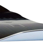 Head Daymaker Snowboard 2024 - A black snowboard with a white stripe and silver trim, viewed from an angle that highlights its curved shape.