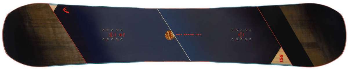 Head Daymaker Lyt Snowboard 2024 - A dark blue snowboard with a red logo on top and a light brown wood grain texture at the tip.