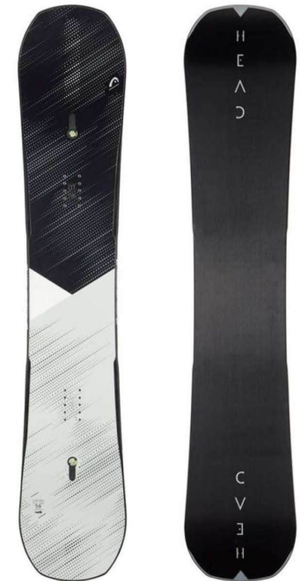 Head E Instinct LYT Snowboard 2023 - A black snowboard with a white geometric pattern on top and a small logo in the upper left corner.