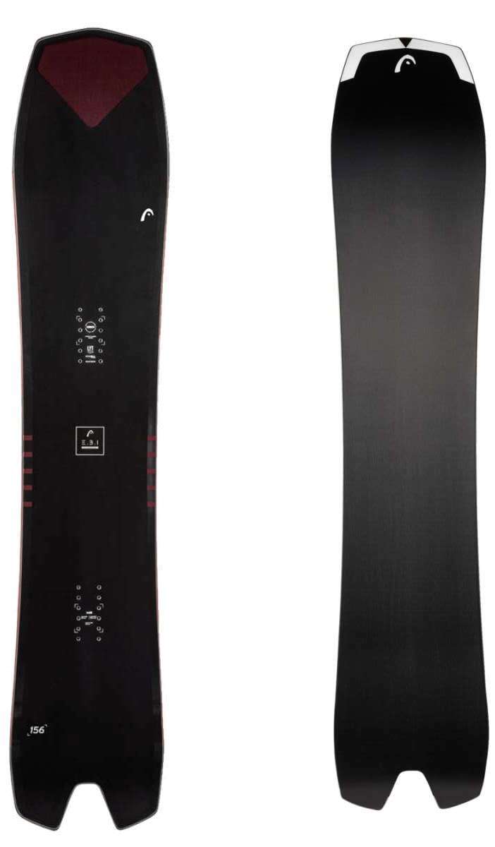 Head E.B.I. Lyt Snowboard 2024 - A black snowboard with a red stripe down the middle and white lettering on top.