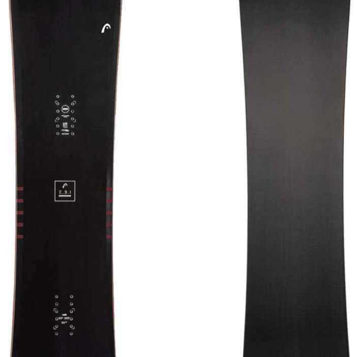 Head E.B.I. Lyt Snowboard 2024 - A black snowboard with a red stripe down the middle and white lettering on top.