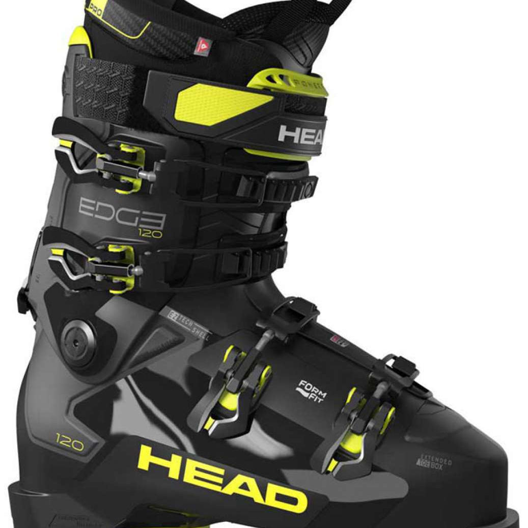 Head Edge 120 HV Ski Boots 2024 - Black ski boots with yellow accents and a prominent "HEAD" logo on the side.