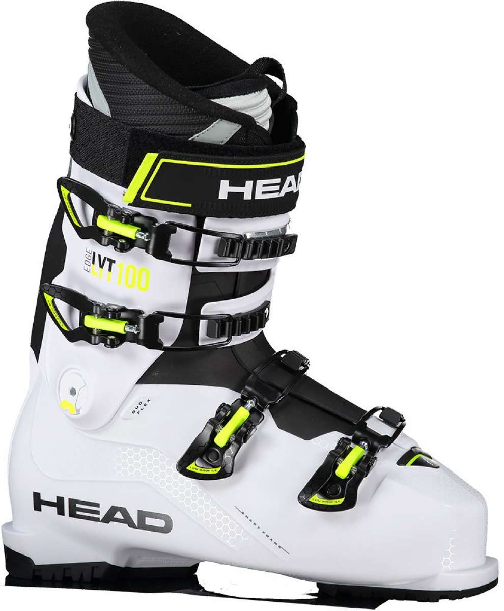 Head Edge Lyt 100 Ski Boot 2023 - A white ski boot with black and neon yellow accents, featuring a sleek design with a prominent "HEAD" logo on the side.