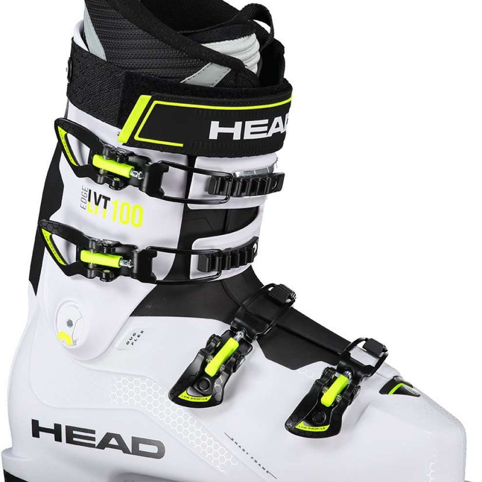 Head Edge Lyt 100 Ski Boot 2023 - A white ski boot with black and neon yellow accents, featuring a sleek design with a prominent "HEAD" logo on the side.