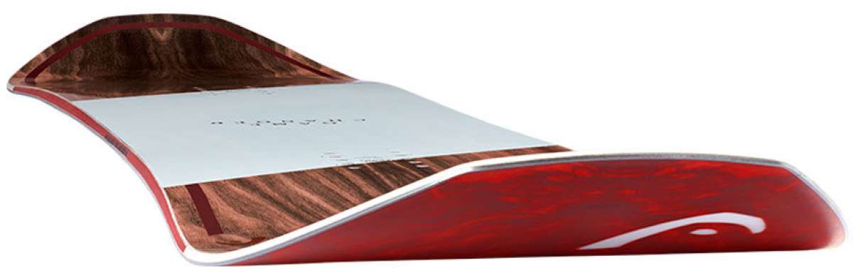 Head Gamechanger Snowboard 2024 - A snowboard with a brown top sheet and red bottom sheet, featuring a white stripe on the top sheet near the front edge.