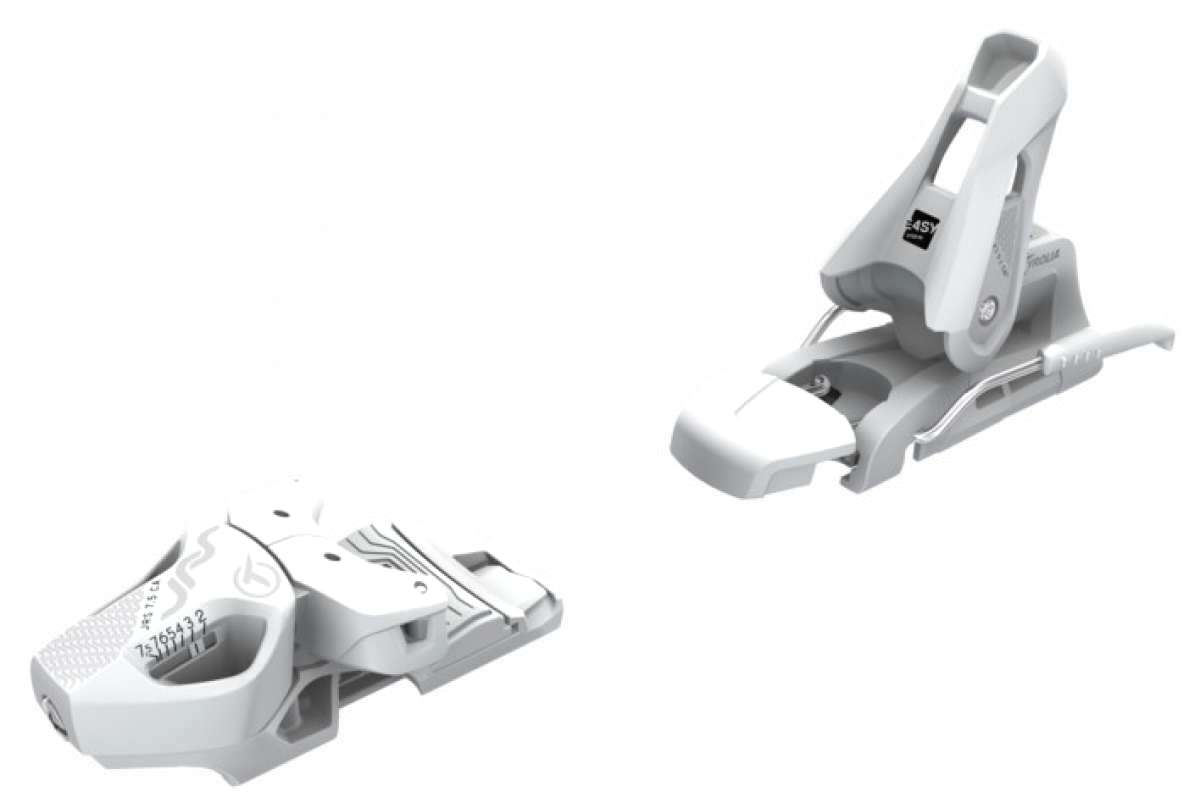 Tyrolia Junior's JRS 7.5 GW Ski Binding - White ski binding with black text and logo on top plate, angled view of toe piece.