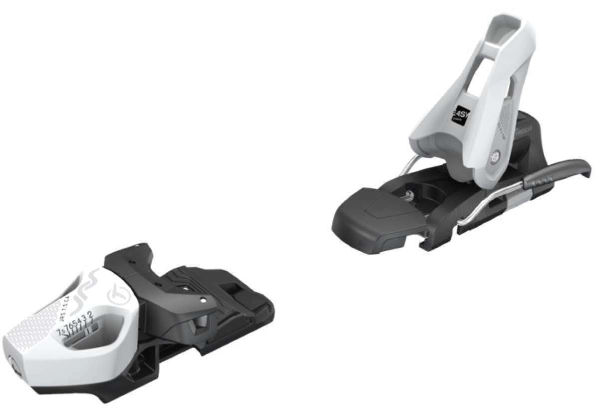 Tyrolia Junior's JRS 7.5 GW Ski Binding - A black and white ski binding with a silver lever, featuring a textured grip on top of the lever.