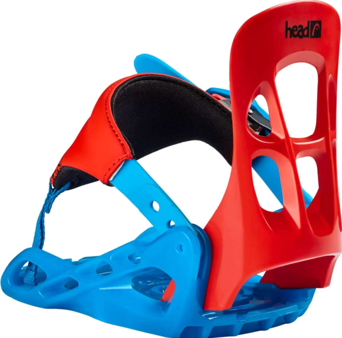 Head Junior P Kid Snowboard Bindings 2023 - A pair of red and blue snowboard bindings with a black strap on top.