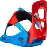 Head Junior P Kid Snowboard Bindings 2023 - A pair of red and blue snowboard bindings with a black strap on top.