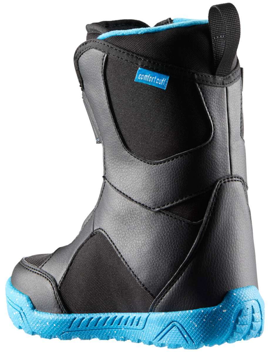 Head Kid Lyt Velcro Snowboard Boots 2024 - Black boots with a blue velcro strap and white speckles on the sole.