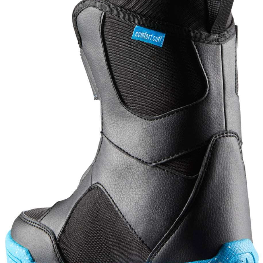 Head Kid Lyt Velcro Snowboard Boots 2024 - Black boots with a blue velcro strap and white speckles on the sole.