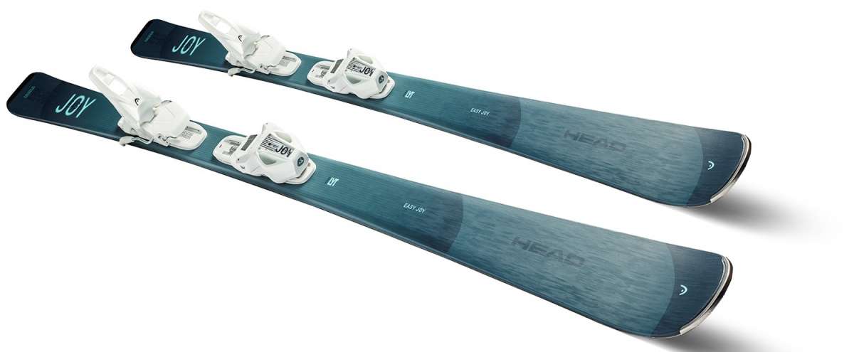 Head Ladies Easy Joy System Skis with Joy 9 Ski Bindings - 2024 model year skis with a dark blue base color and white bindings.