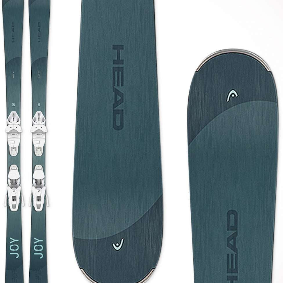 Head Ladies Easy Joy System Skis With Joy 9 Ski Bindings 2024 - A pair of skis with white bindings and a dark green color, featuring the word "JOY" on the bottom.