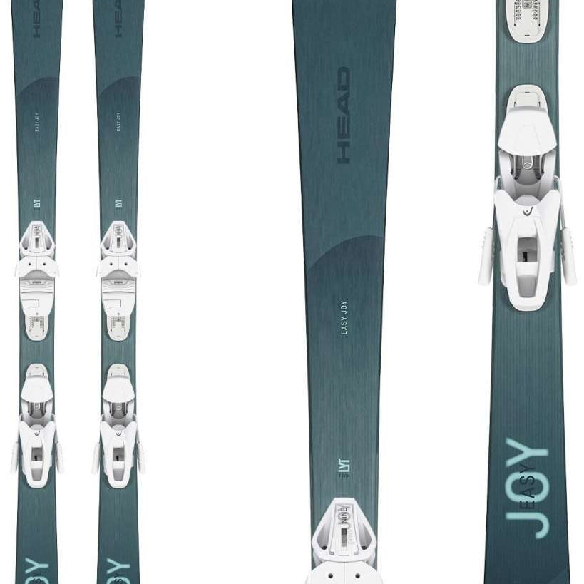Head Ladies Easy Joy System Ski With Protector 10 Ski Bindings - A pair of skis with a dark green base color and subtle white pattern, featuring the word "JOY" in large letters on both sides.