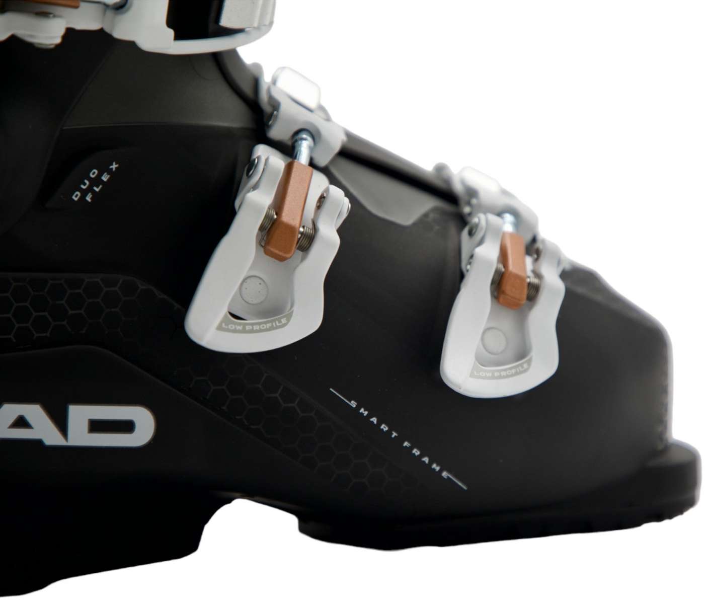 Head Ladies Edge LYT 80 Ski Boot 2023 - A black ski boot with a white logo on the side and silver buckles.
