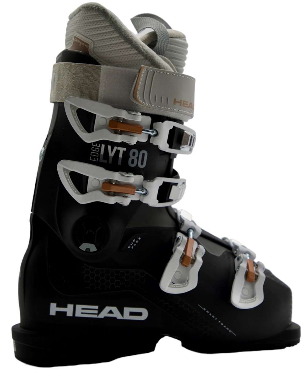 Head Ladies Edge LYT 80 Ski Boot 2023 - A black ski boot with white buckles and a gray strap on top.
