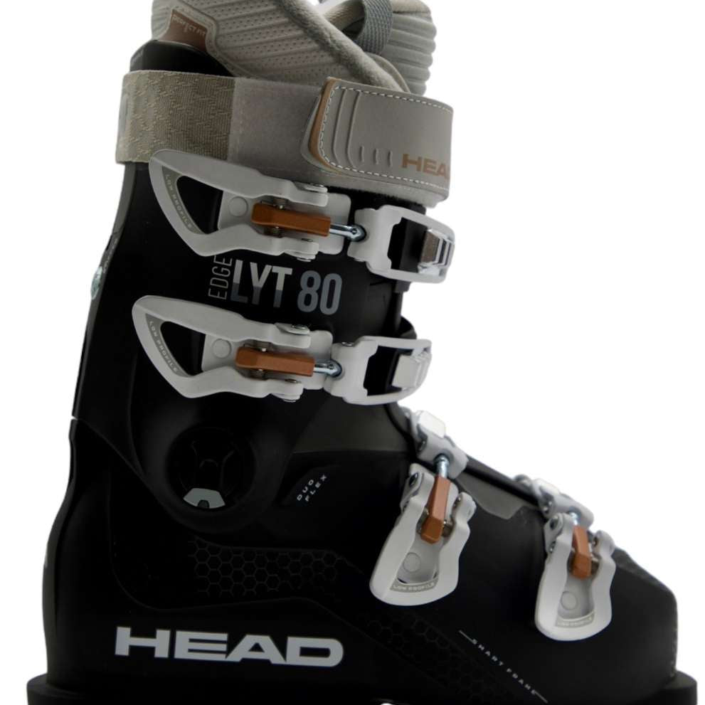 Head Ladies Edge LYT 80 Ski Boot 2023 - A black ski boot with white buckles and a gray strap on top.