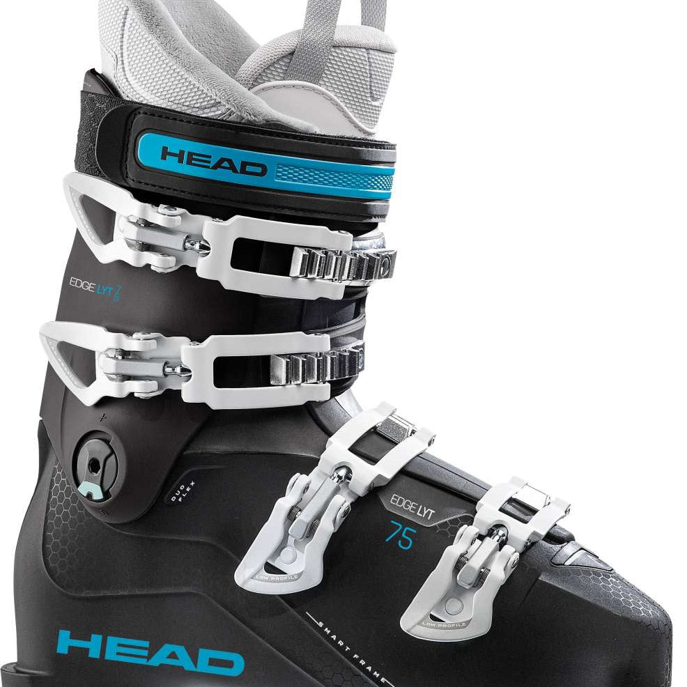 Head Ladies Edge LYT 75 HV Ski Boots 2024 - Black ski boots with blue accents and white buckles.