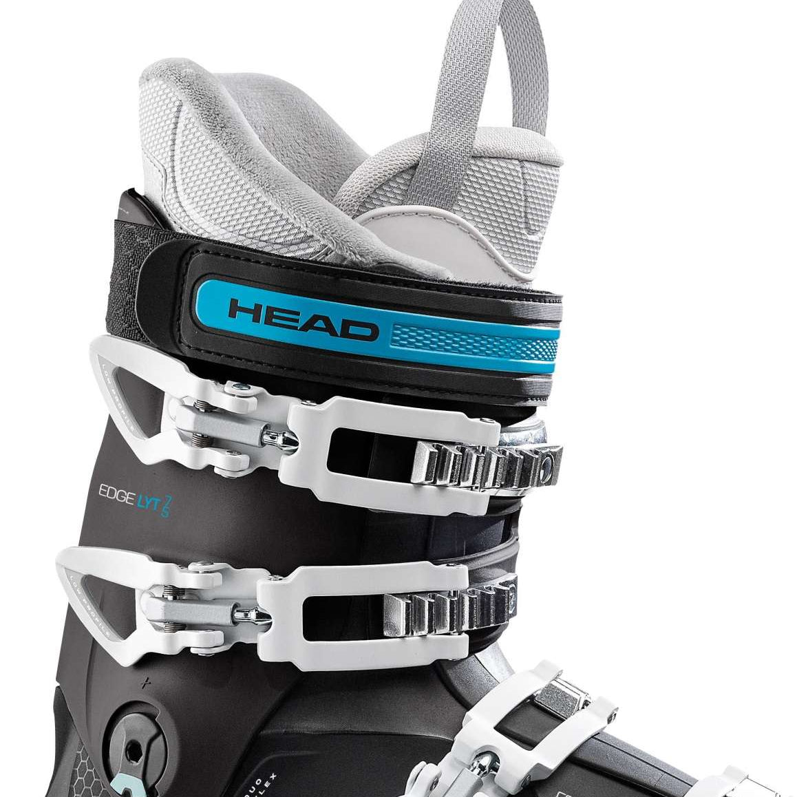 Head Ladies Edge LYT 75 HV Ski Boots 2024 - Black ski boot with blue logo and white trim.