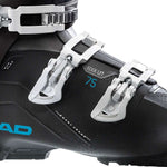 Head Ladies Edge LYT 75 HV Ski Boots 2024 - Black ski boots with white buckles and a silver logo on the side.