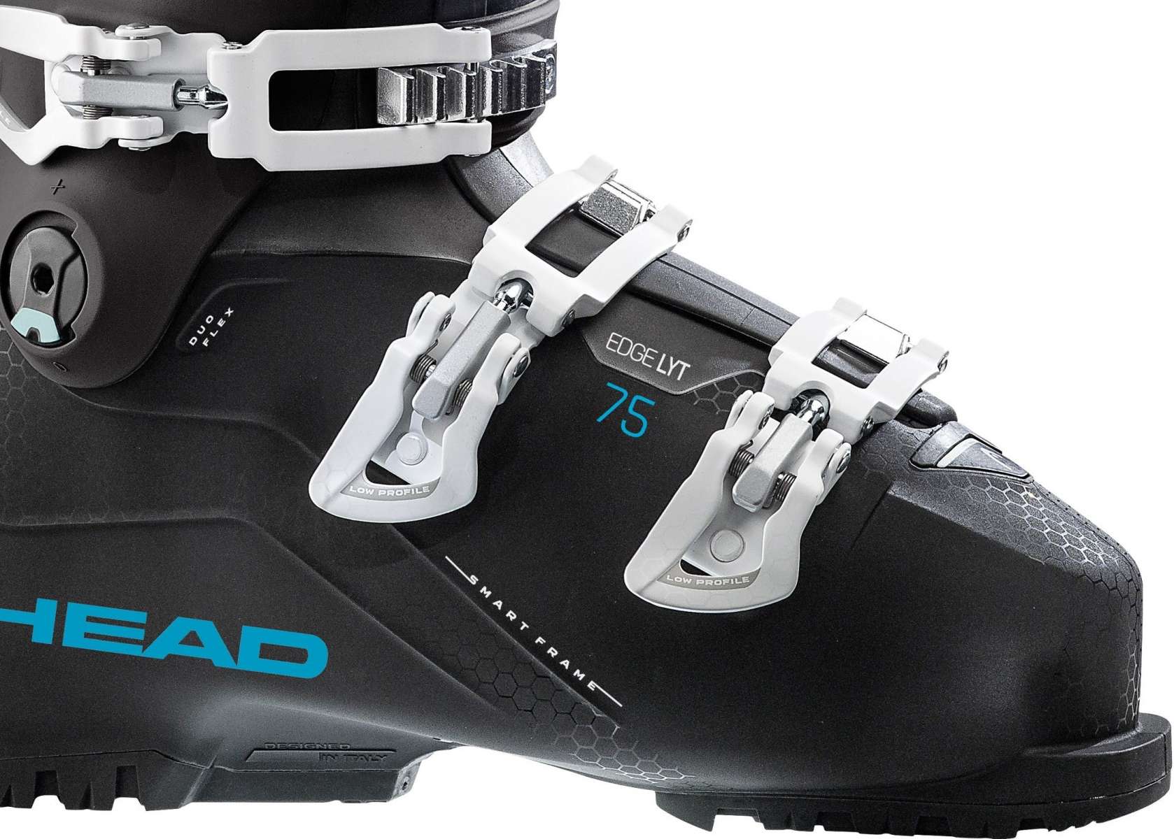 Head Ladies Edge LYT 75 HV Ski Boots 2024 - Black ski boots with white buckles and a silver logo on the side.