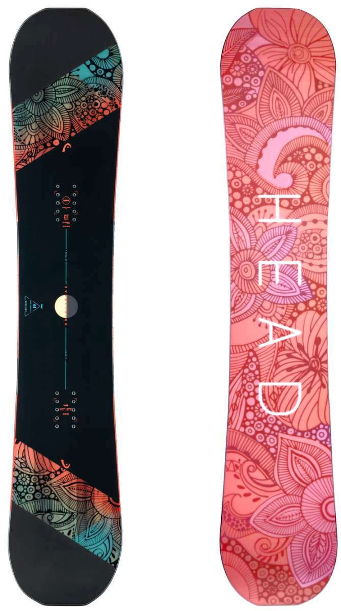 Head Women's Everything Lyt Snowboard 2024 - A black snowboard with a blue and orange patterned design on top of it.