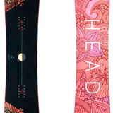 Head Women's Everything Lyt Snowboard 2024 - A black snowboard with a blue and orange patterned design on top of it.