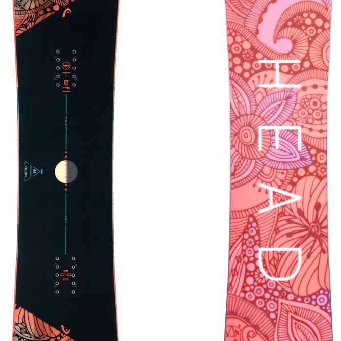 Head Women's Everything Lyt Snowboard 2024 - A black snowboard with a blue and orange patterned design on top of it.