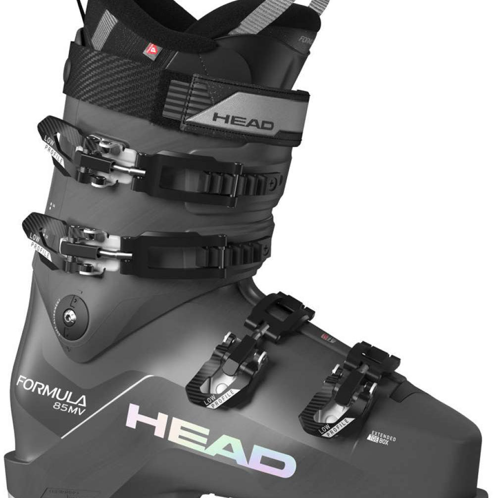 Head Women's Formula 85 MV Ski Boots 2024 - Black ski boots with a textured pattern on the tongue and silver buckles.