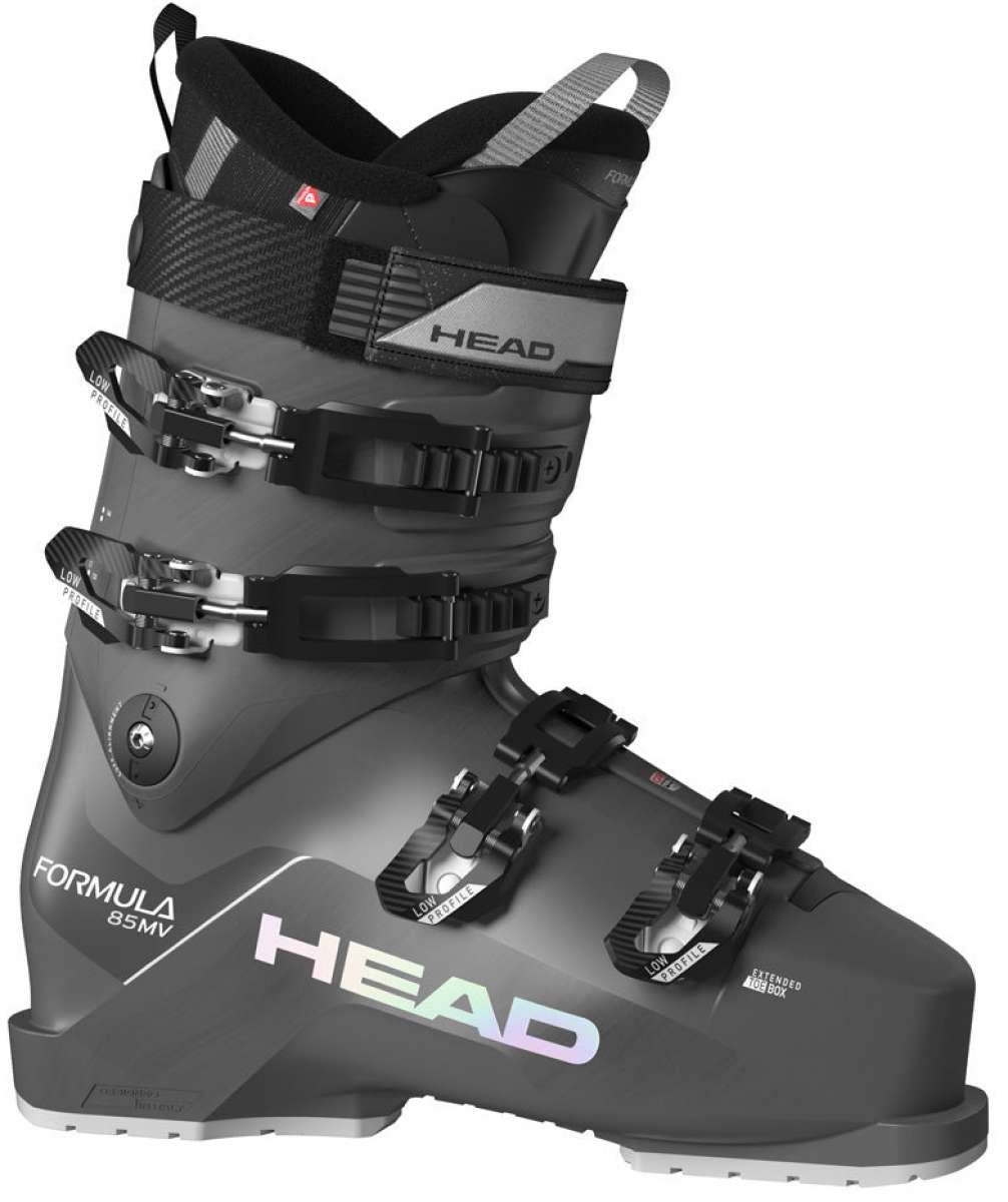 Head Women's Formula 85 MV Ski Boots 2024 - Black ski boots with a textured pattern on the tongue and silver buckles.