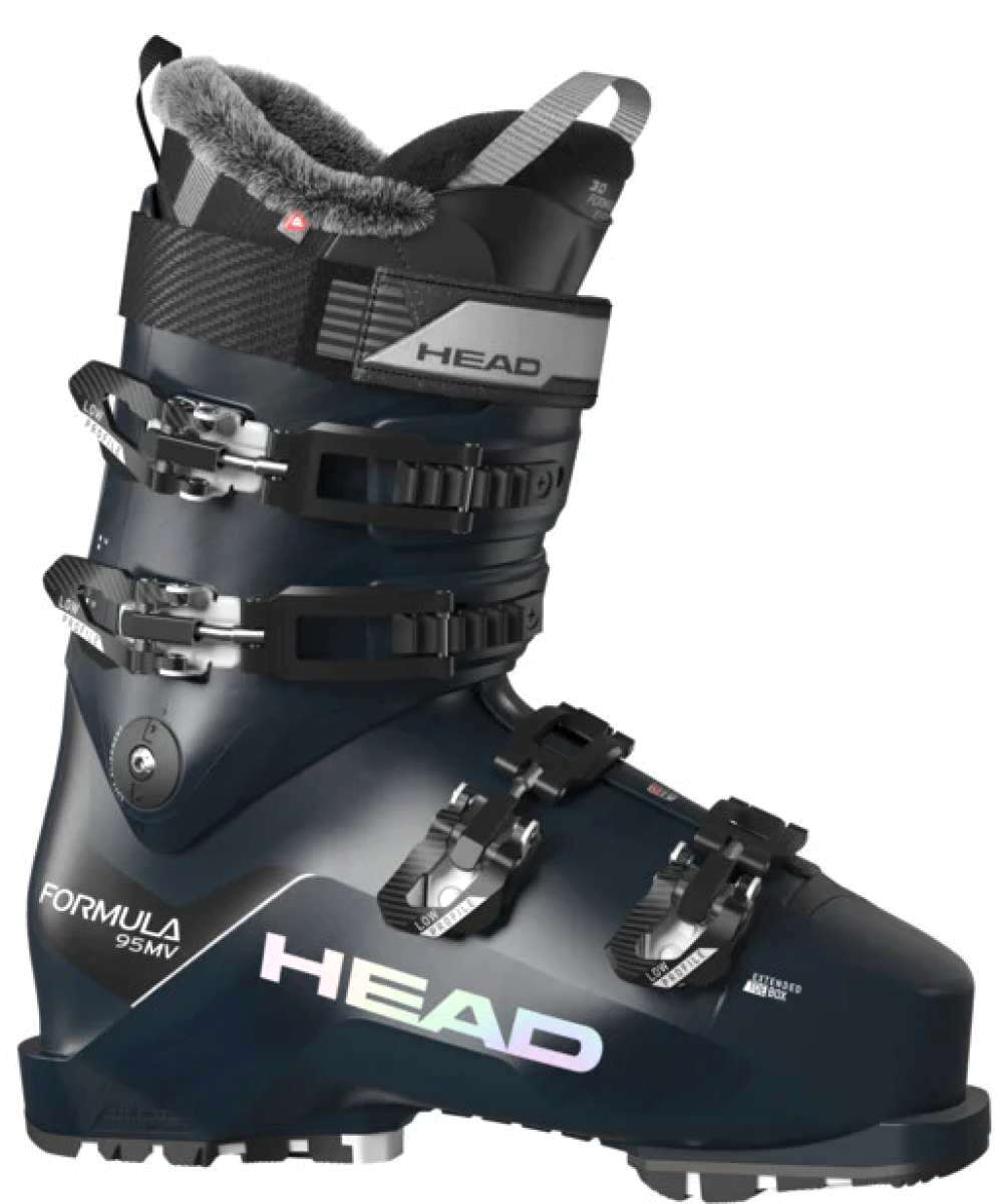 Head Women's Formula 95 MV Ski Boots 2024 - Black ski boots with silver buckles and a gray fur lining at the top.