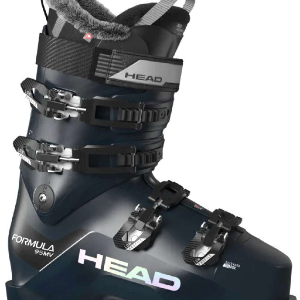 Head Women's Formula 95 MV Ski Boots 2024 - Black ski boots with silver buckles and a gray fur lining at the top.