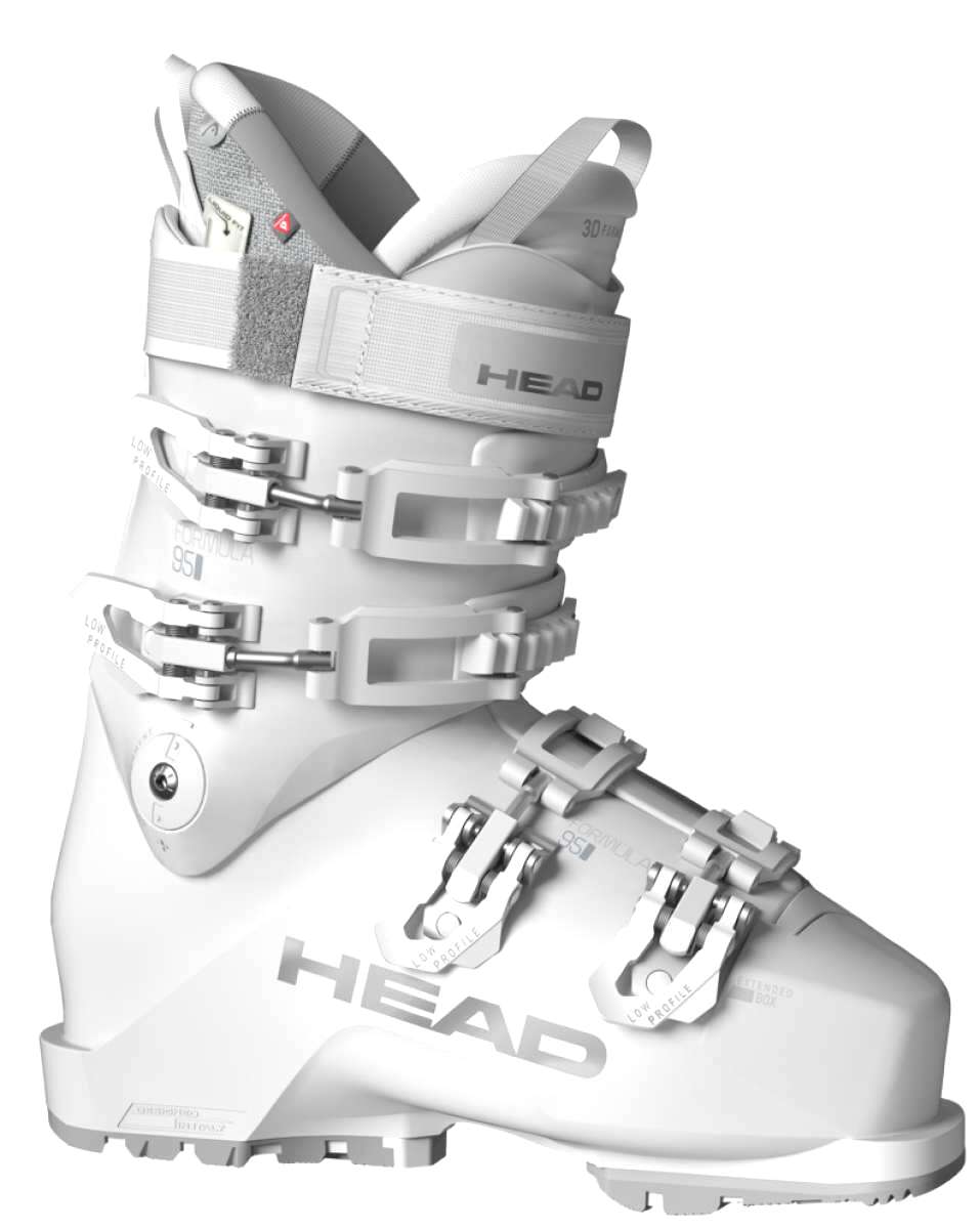 Head Women's Formula 95 Ski Boots 2023 - White ski boots with silver buckles and straps.