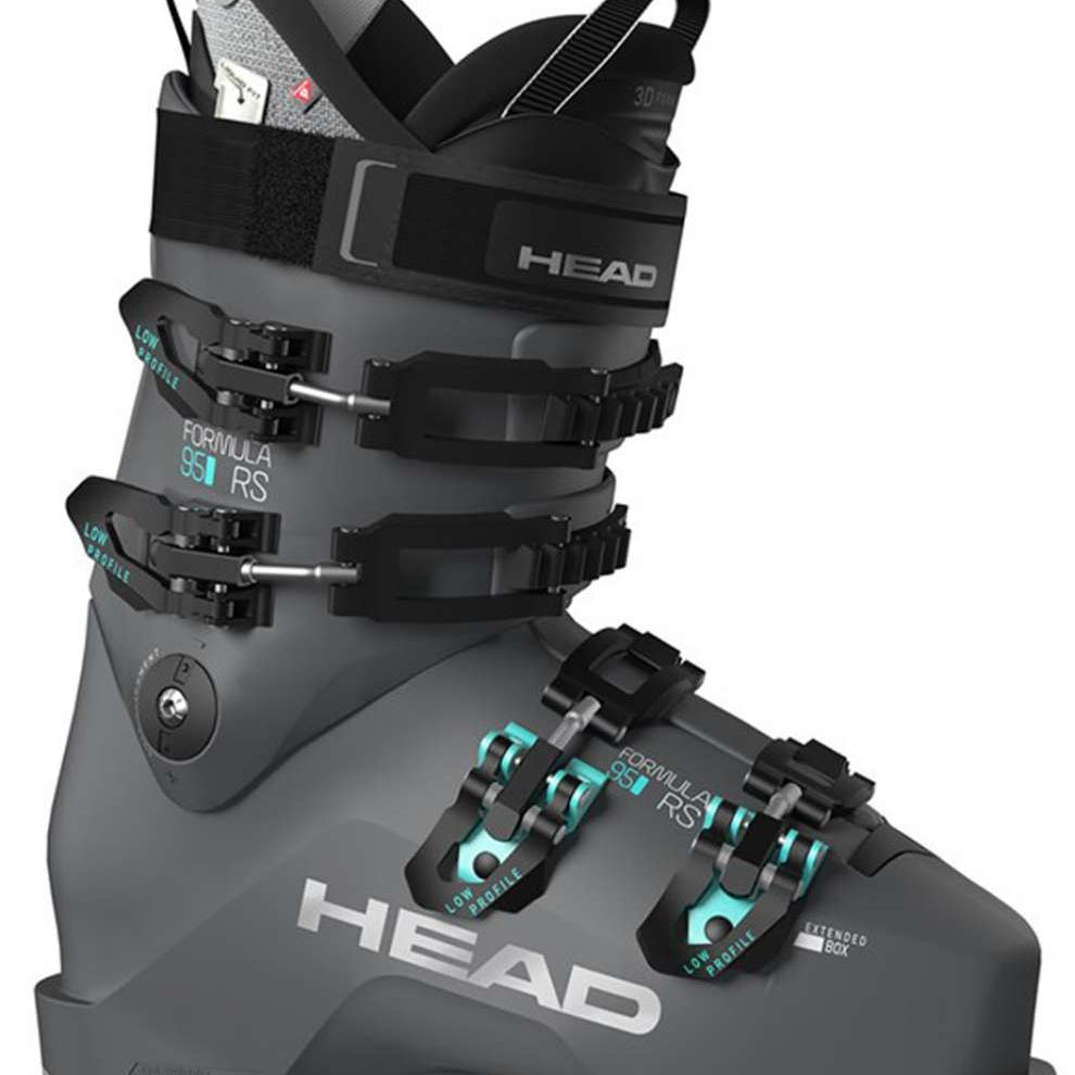 Head Women's Formula 95 Ski Boots 2023 - Black ski boots with silver buckles and a gray strap on top.