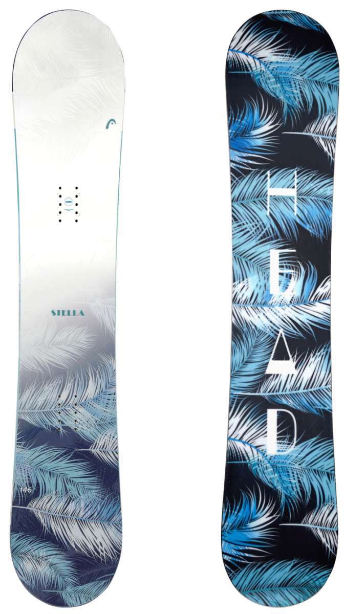 Head Women's Stella Snowboard 2024 - A white snowboard with a blue and green palm leaf pattern on the bottom half.