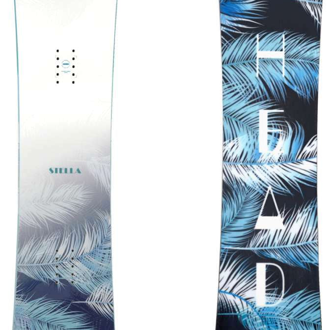 Head Women's Stella Snowboard 2024 - A white snowboard with a blue and green palm leaf pattern on the bottom half.