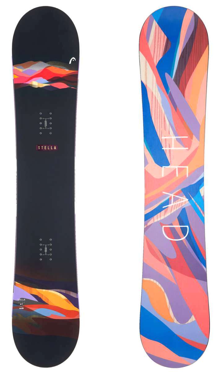Head Women's Stella Snowboard 2024 - A black snowboard with a colorful abstract design on top, featuring shades of pink, purple, blue and orange.