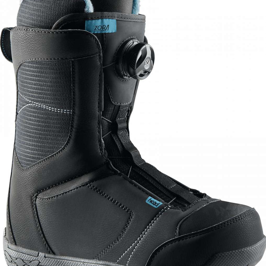 Head Women's Zora Lyt BOA Snowboard Boot 2024 - Black snowboard boots with a textured pattern on the side and a blue logo near the ankle strap.