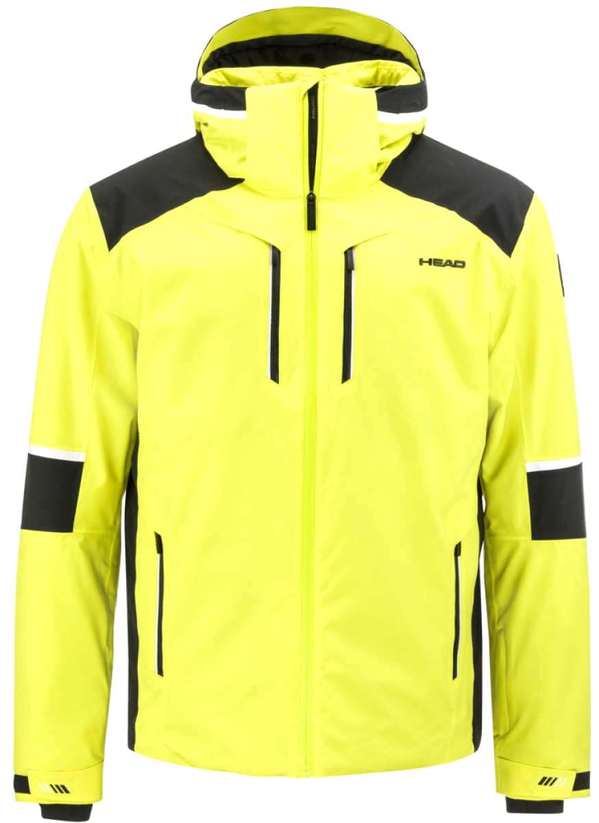 Head Neo Insulated Jacket 2023 - A bright yellow jacket with black accents on the shoulders and elbows, featuring a zippered front and two side pockets.