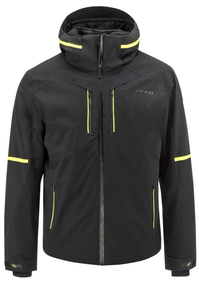 Head Neo Insulated Jacket 2023 - A black insulated jacket with yellow accents on the zipper and pockets.