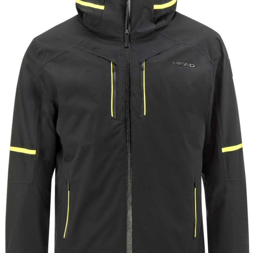 Head Neo Insulated Jacket 2023 - A black insulated jacket with yellow accents on the zipper and pockets.