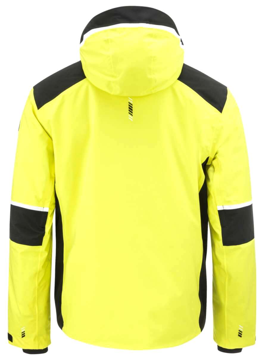 Head Neo Insulated Jacket 2023 - A bright yellow jacket with black accents on the shoulders and elbows, featuring a white stripe along the hood.
