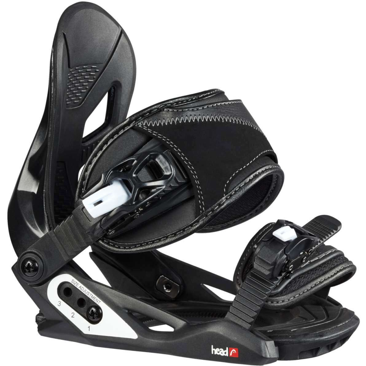 Head P Jr Snowboard Bindings 2024 - Black bindings with white stitching and a black strap.