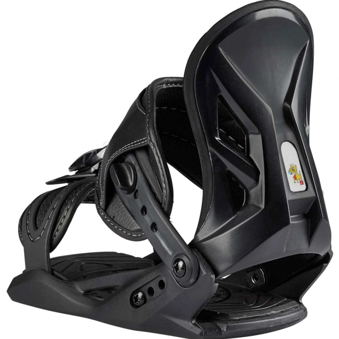 Head P Jr Snowboard Bindings 2024 - Black bindings with white stitching and a small yellow cartoon character on the high side of the right binding.